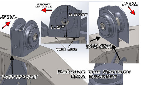Reusing the factory UCA bracket. Cut the OEM bracket at the dimension shown and weld it to the truss aligning as shown.